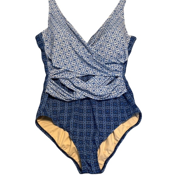 Lands' End Other - Lands End Swimsuit One Piece Womens Size 16‎ Blue Geometric Surplice Wrap Front